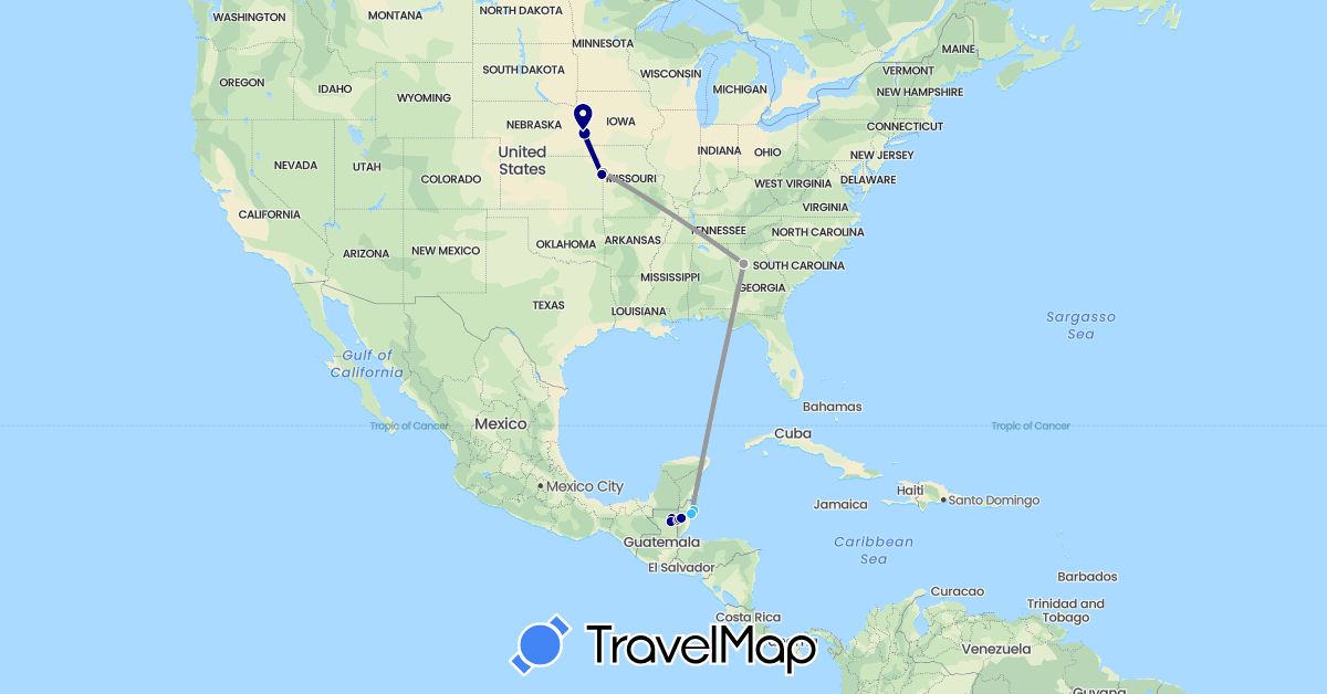 TravelMap itinerary: driving, plane, boat in Belize, Guatemala, United States (North America)